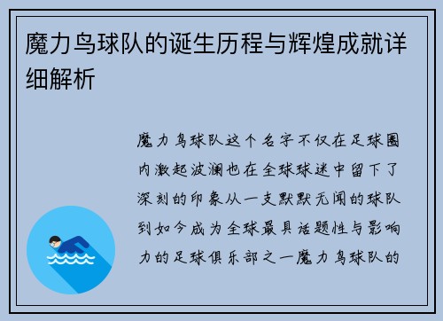 魔力鸟球队的诞生历程与辉煌成就详细解析